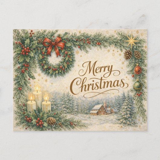 Vintage Evergreen Wreath Merry Christmas  シーズンポストカード (正面)