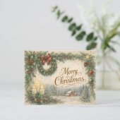 Vintage Evergreen Wreath Merry Christmas  シーズンポストカード (スタンド正面)