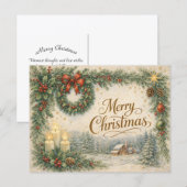Vintage Evergreen Wreath Merry Christmas  シーズンポストカード (正面/裏面)