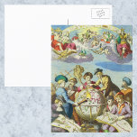Vintage Explorers with Antique Globe Map, 1542 ポストカード<br><div class="desc">Vintage illustration antique world map featuring teachers,  scientists,  explorers and cartographers mapping a globe. A mythological scene overhead with angels in the clouds and a banner with signs of the zodiac. Artist: Jean Rotz,  1542.</div>