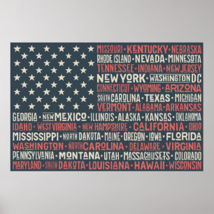 Vintage Faded American Flag State Names Words ポスター