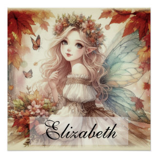 Vintage Fall Fairy with Autumn leaves  ポスター