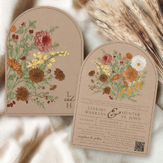 Vintage Fall Floral Boho Rustic Kraft Arch Wedding 招待状