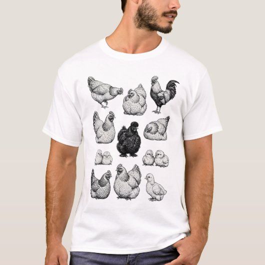 Vintage Farm Chicken Illustration Set Tシャツ (正面)