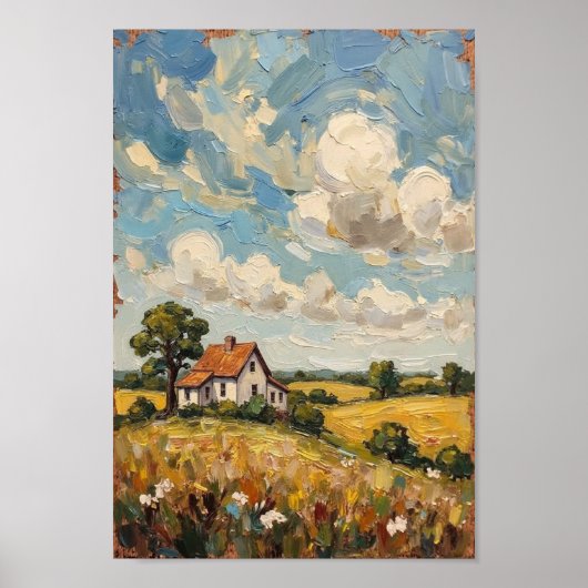 Vintage Farmhouse Rural Landscape Art ポスター (正面)