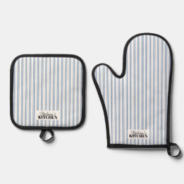 Vintage Farmhouse Ticking Stripe Blue 鍋つかみ&鍋敷きセット
