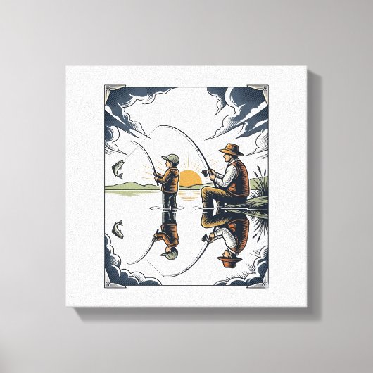 Vintage Father and Child Fishing Engraving Shirt D キャンバスプリント (正面)