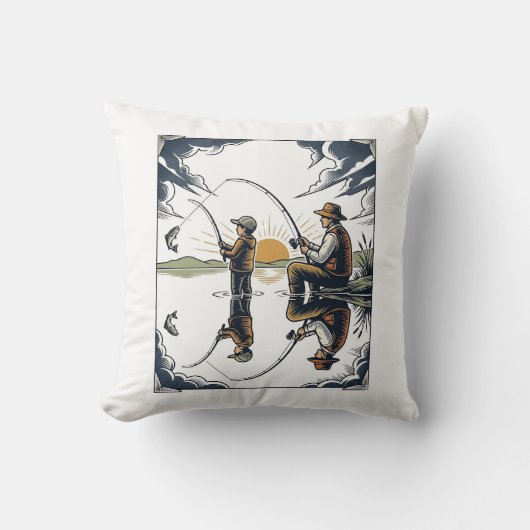 Vintage Father and Child Fishing Engraving Shirt D クッション (正面)