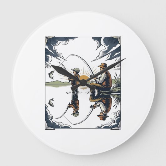 Vintage Father and Child Fishing Engraving Shirt D ラージ壁時計 (正面)