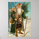 Vintage Father Christmas ポスター<br><div class="desc">This vintage Christmas poster features an old-fathioned Santa Claus,  walking with his cane in the snow with his sack filled up with Christmas gifts.</div>