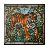 Vintage Faux Stained Glass Tiger Jungle Mosaic タイル (正面)