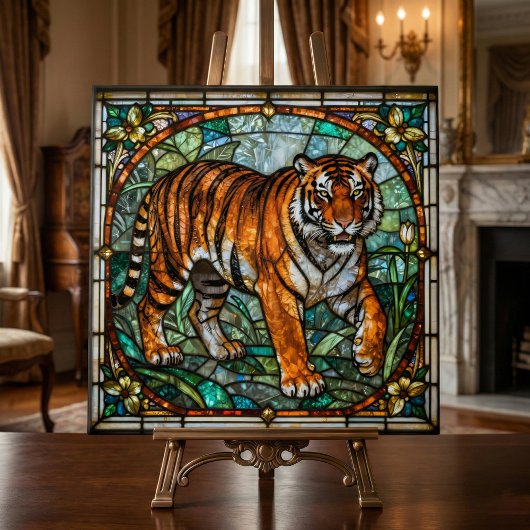 Vintage Faux Stained Glass Tiger Jungle Mosaic タイル
