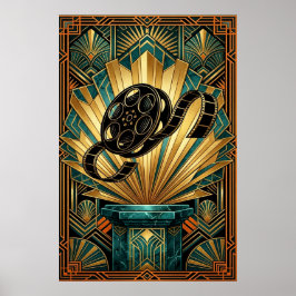 Vintage Film Reel Art Deco Gold & Teal Art ポスター