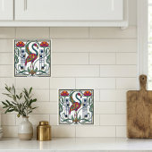 Vintage Flamingo Floral Geometric Patterned Tile タイル