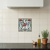 Vintage Flamingo Floral Geometric Patterned Tile タイル