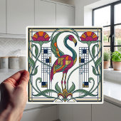 Vintage Flamingo Floral Geometric Patterned Tile タイル