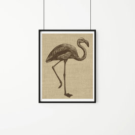 Vintage Flamingo Illustration on Burlap ポスター