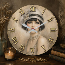 Vintage Flapper Lady Art Deco Portrait ラージ壁時計