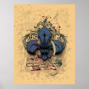 Vintage fleur-de-lis blue metal grunge effects ポスター