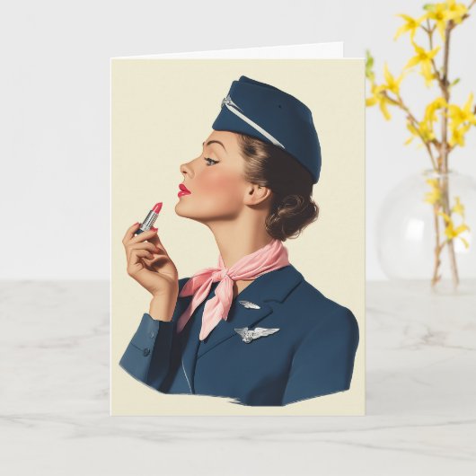 Vintage Flight Attendant Applying Lipstick カード (黄色い花)