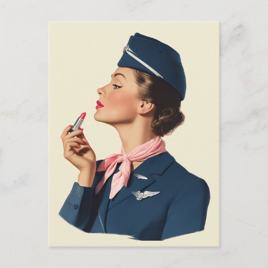 Vintage Flight Attendant Applying Lipstick ポストカード (正面)