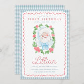 Vintage Floral and Gingham Santa Birthday 招待状 (正面/裏面)