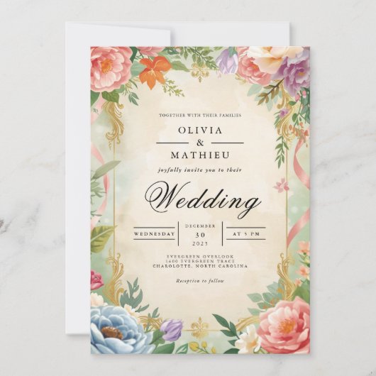 Vintage Floral Archway Romance Wedding 招待状 (正面)