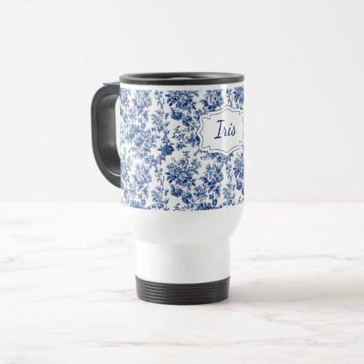 Vintage Floral Blue White Personalized トラベルマグ (正面左)