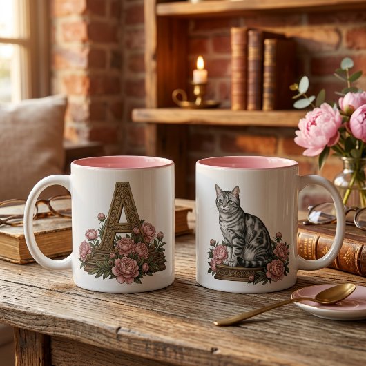 Vintage Floral Cat Monogram Mug ツートーンマグカップ