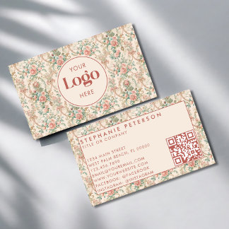 Vintage Floral Custom Company Logo QR Code 名刺
