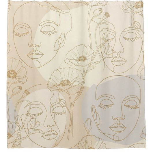 Vintage Floral Face Line Pattern (1) シャワーカーテン (正面)