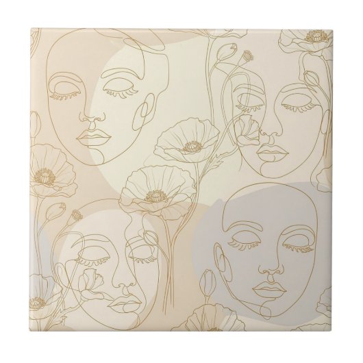 Vintage Floral Face Line Pattern (1) タイル (正面)