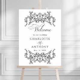 Vintage Floral Frame Black & White Wedding Welcome ポスター