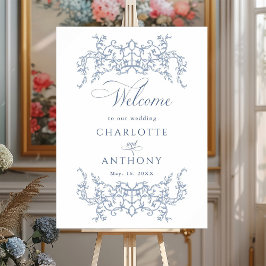 Vintage Floral Frame Dusty Blue Wedding Welcome ポスター