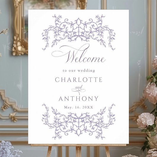 Vintage Floral Frame Lavender Wedding Welcome ポスター
