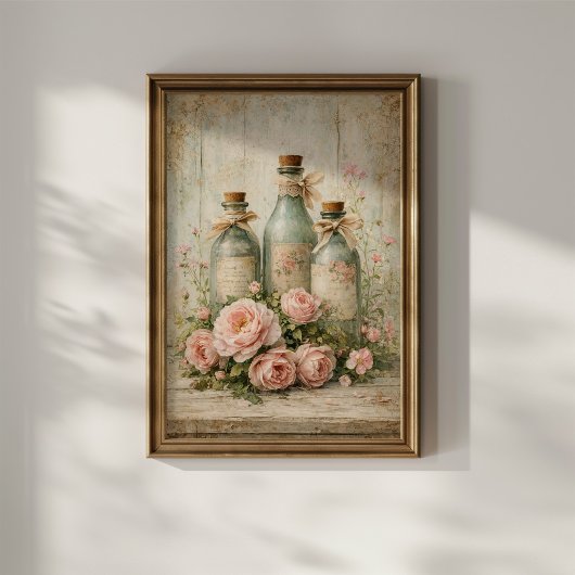 Vintage Floral Glass Bottles ポスター