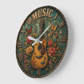 Vintage Floral Guitar Rustic Acoustic Music ラージ壁時計 (傾斜)