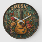 Vintage Floral Guitar Rustic Acoustic Music ラージ壁時計 (正面)