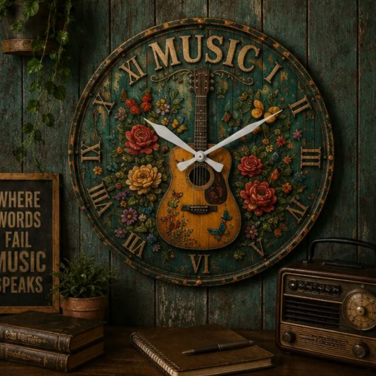 Vintage Floral Guitar Rustic Acoustic Music ラージ壁時計