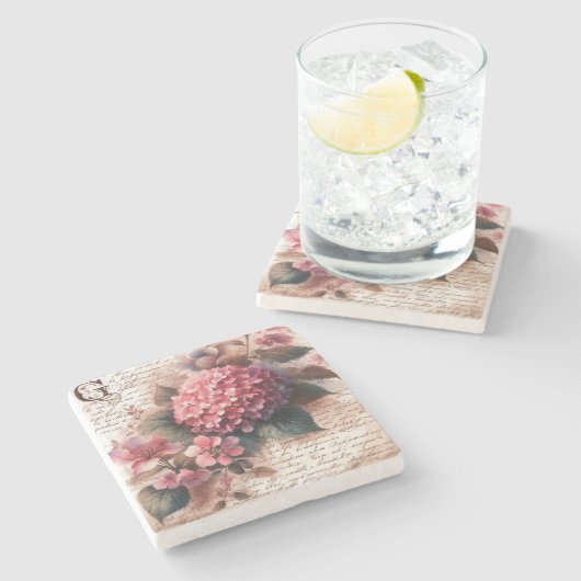 Vintage Floral Hydrangea Script Letter ストーンコースター (横)