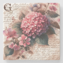 Vintage Floral Hydrangea Script Letter ストーンコースター
