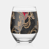 Vintage Floral Lace Black and Gold ステムなしワイングラス (正面)