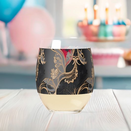 Vintage Floral Lace Black and Gold ステムなしワイングラス (インサイチュ (ベビーシャワー))