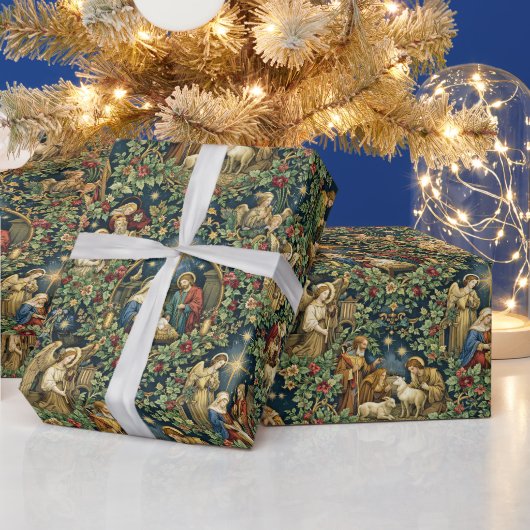 Vintage Floral Nativity on Midnight Blue ラッピングペーパー (クリスマス)