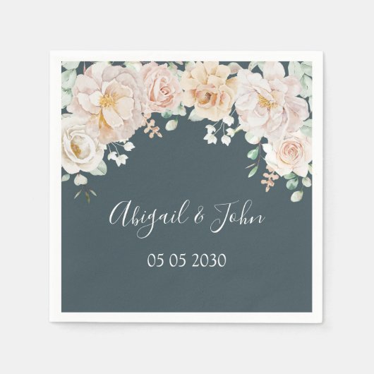 Vintage Floral Navy Blue Wedding Napkin スタンダードカクテルナプキン (正面)