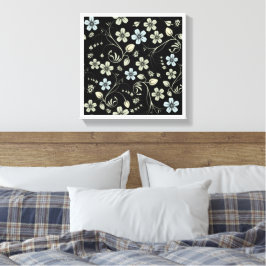 Vintage Floral Pattern with Ladybugs on Black キャンバスプリント