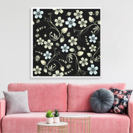 Vintage Floral Pattern with Ladybugs on Black キャンバスプリント