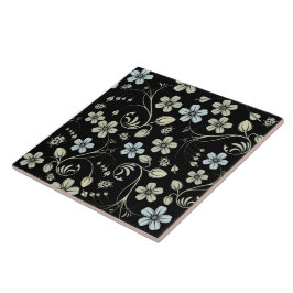Vintage Floral Pattern with Ladybugs on Black タイル