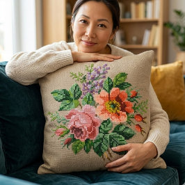 Vintage Floral Peach & Pink Flower Needlepoint クッション