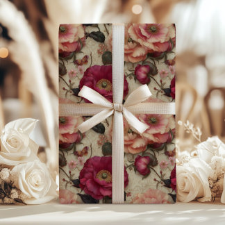 Vintage Floral Pink and Peach Rose Garden Romantic ラッピングペーパーシート